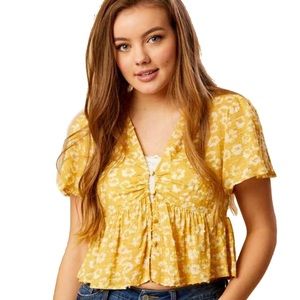 Altar’d State Cella Top Yellow Gold Floral Shirt